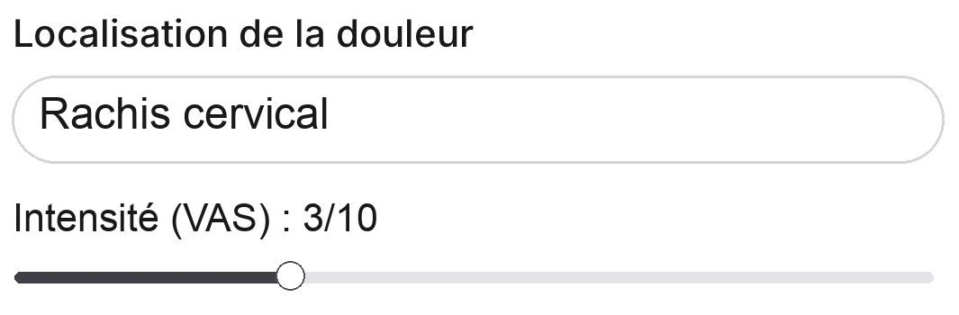 Extrait de l’interface : rachis cervical, intensité 3 sur 10. Données fictives.